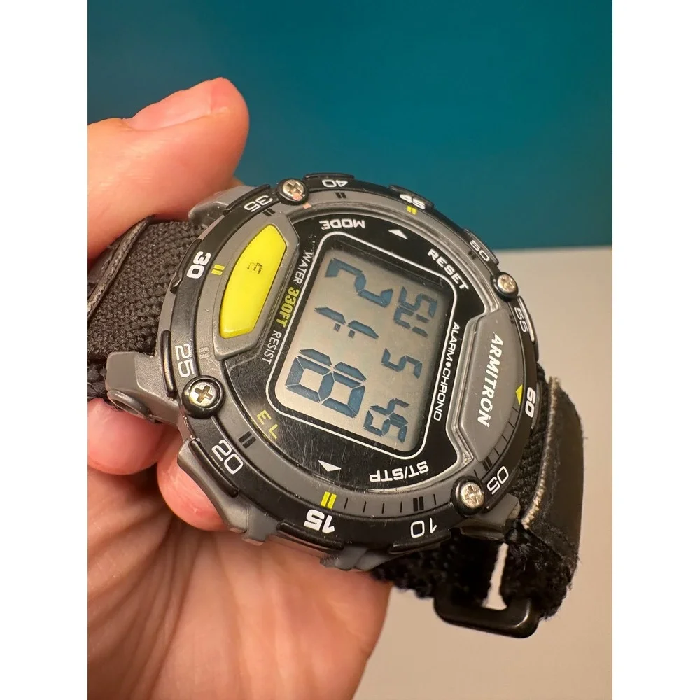 Armitron Digital Sport Watch Black Nylon Strap 330FT Water Resist Alarm Chrono